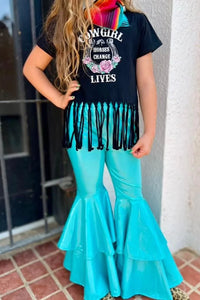 Teal Faux Leather Double Layer Bell Bottoms