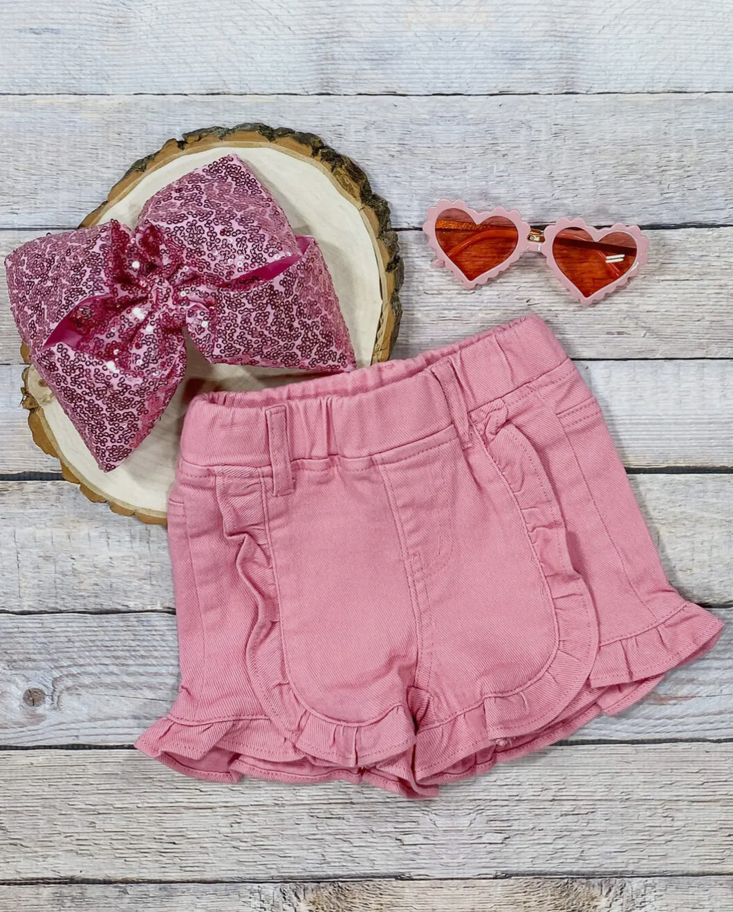 Pink Ruffled Denim Shorts