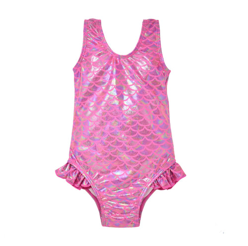 Shiny Pink Scales Delaney Hip Ruffle Swimsuit