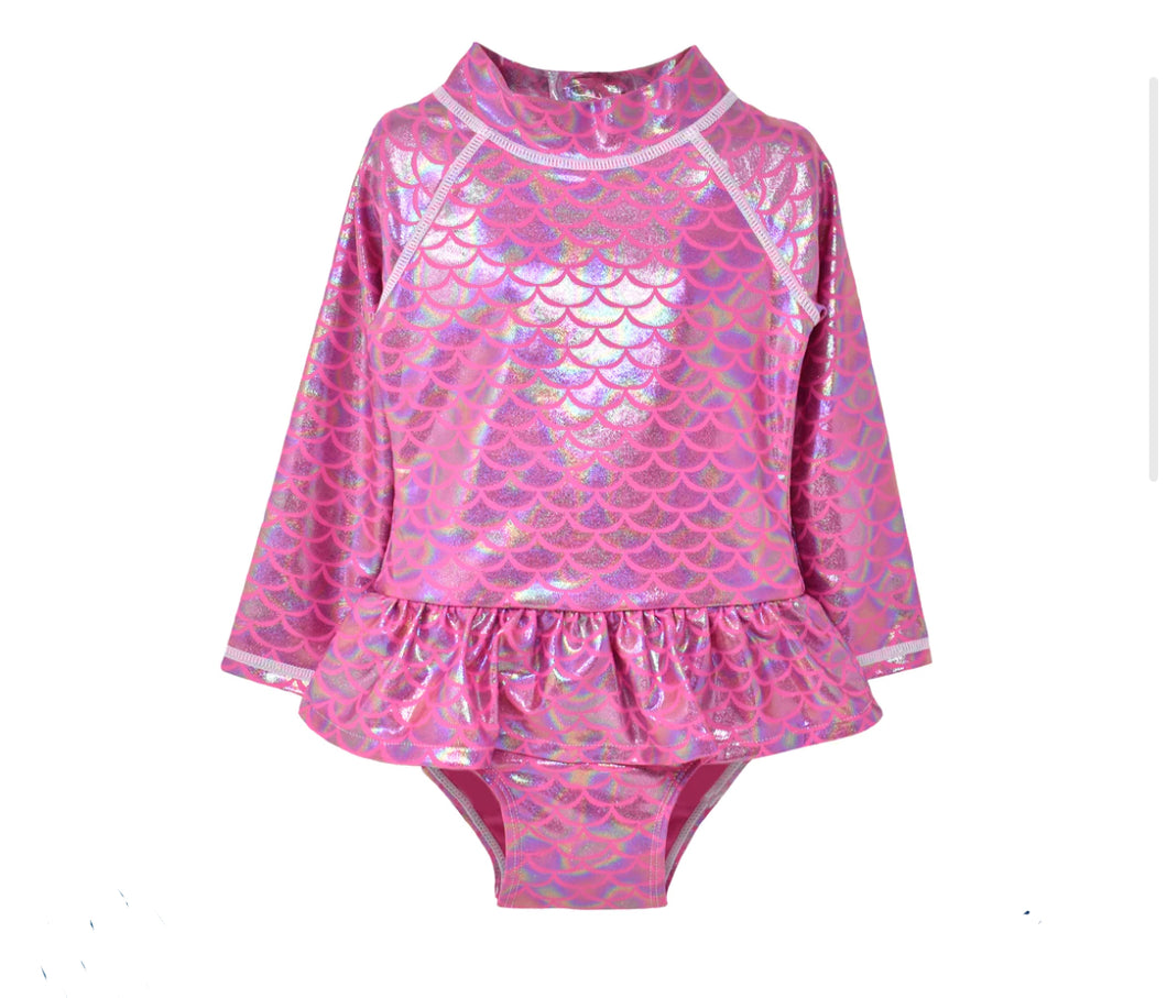 Shiny Pink Scales Alissa Infant Ruffle Rash Guard Swimsuit