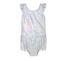 Load image into Gallery viewer, Shimmering Silver Keana 1pc Mermaid Scales Fringe UPF50 swimsuit