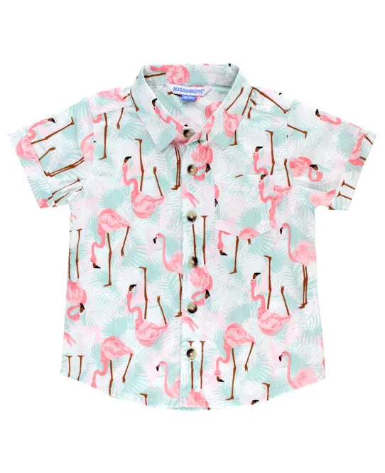 Vibrant Flamingo Short Sleeve Button Down