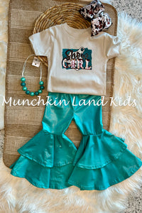 Teal Faux Leather Double Layer Bell Bottoms