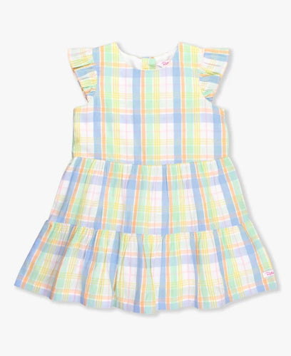 Clubhouse Rainbow Plaid Flutter Sleeve Tiered Dress