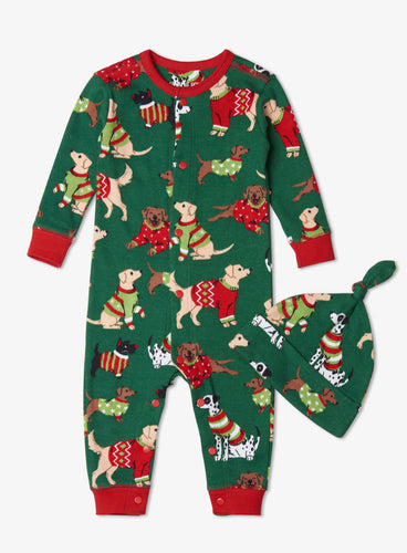 Green Woofing Christmas Baby Coverall & Hat