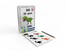 Load image into Gallery viewer, 50 IQ quiz hinged tin with dinosaur matching pages and pencil