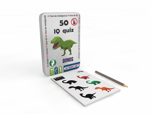 50 IQ quiz hinged tin with dinosaur matching pages and pencil